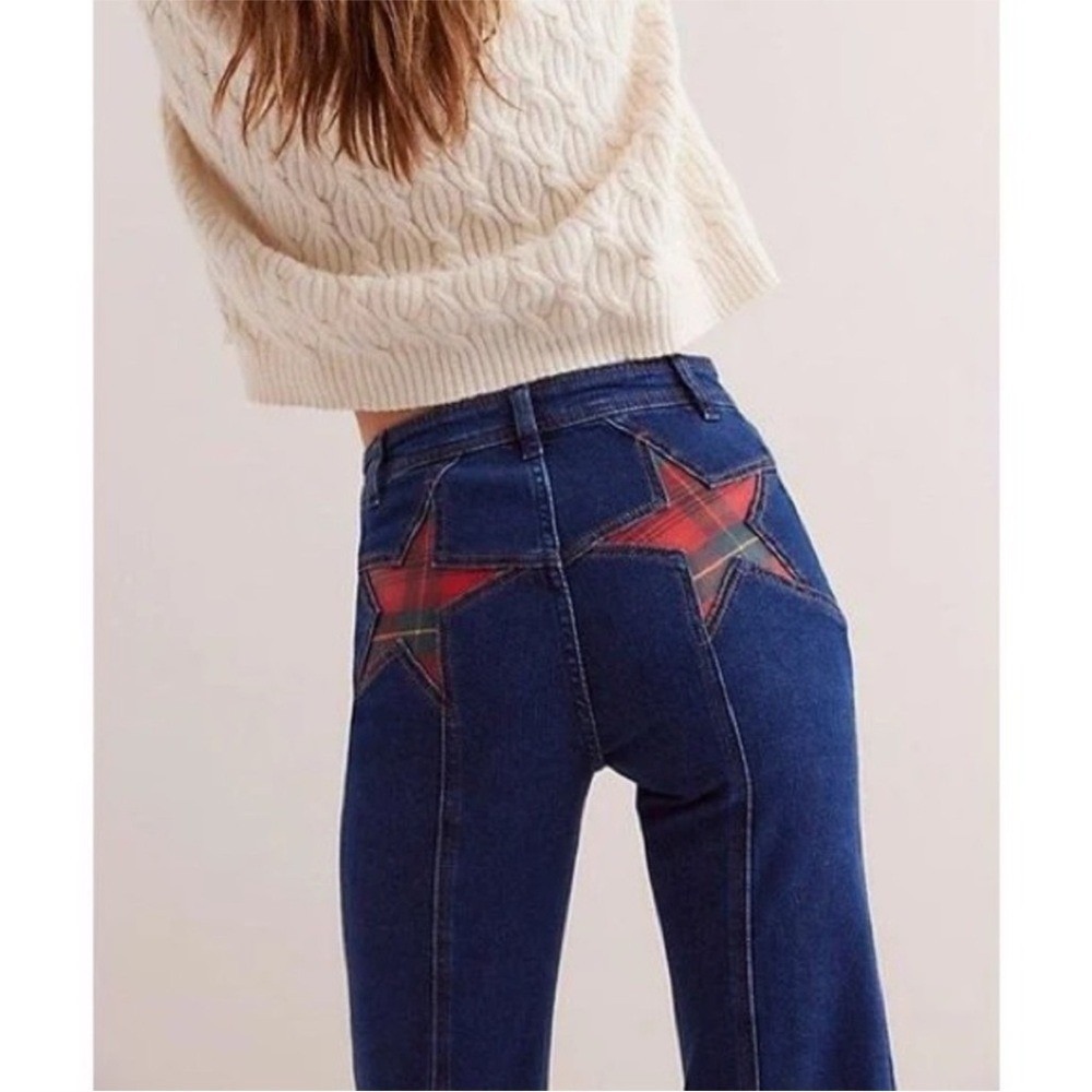NWT Free People Firecracker Jeans Holiday Tartan Stars Blue Plaid Size 30 - Picture 2 of 13